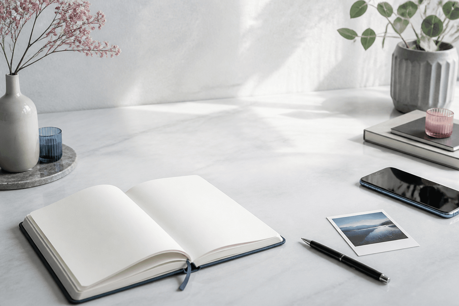 An open journal and phone on a quiet writing desk